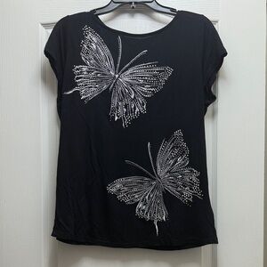 INC International Concepts Black Butterfly Embellished Tee